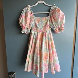 Selkie Maria Mini Dress Coquette Pastel Floral Smocked Bodice Puff Sleeve Size S